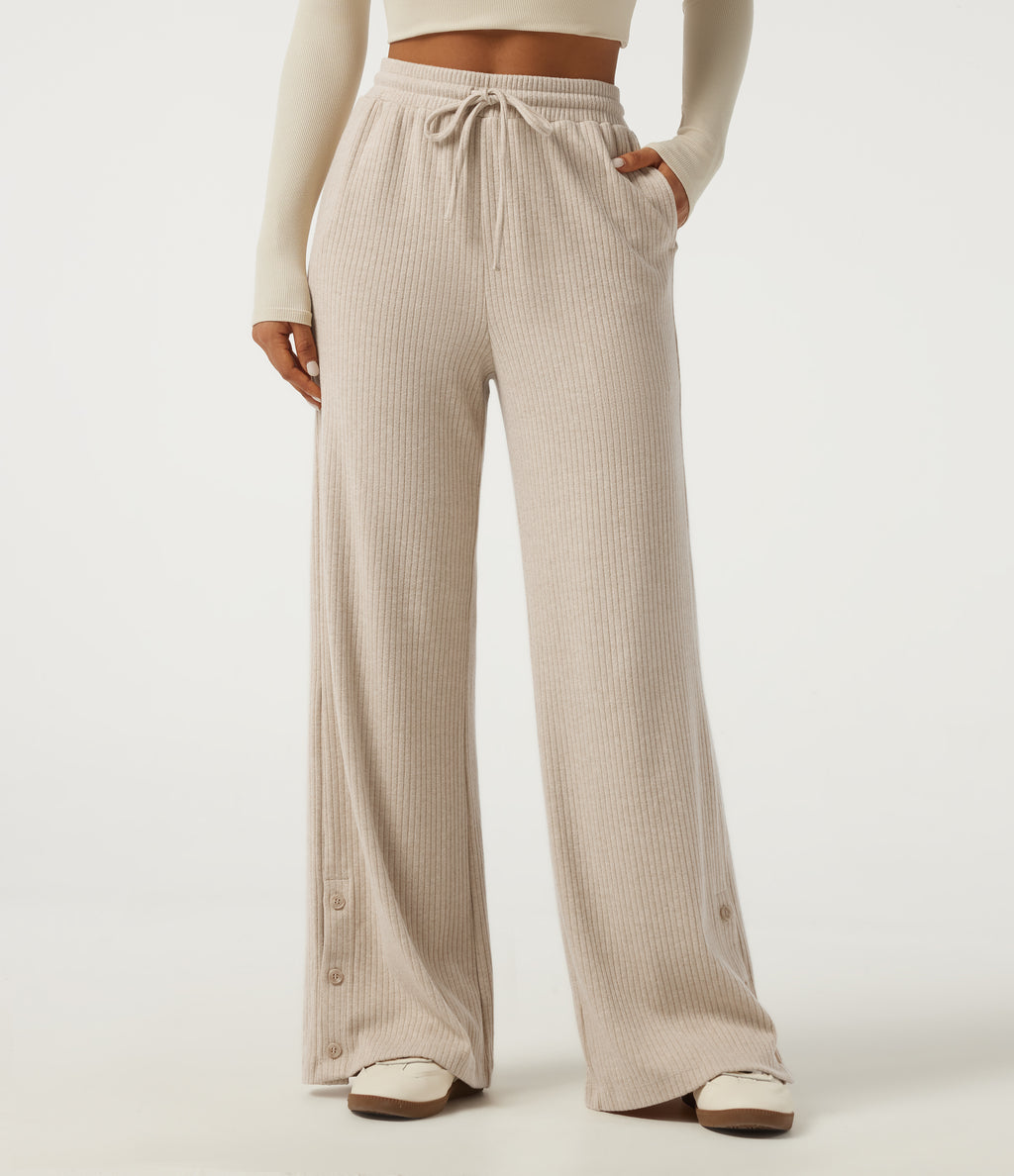 Ribbed Knit High Waisted Drawstring Baggy Casual Trousers with Pockets — Fog — view 1
