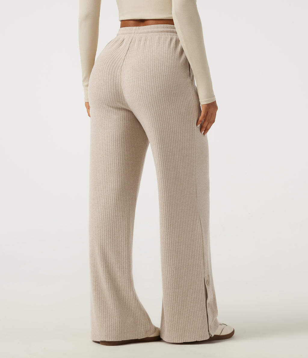 Ribbed Knit High Waisted Drawstring Baggy Casual Trousers with Pockets — Fog — view 2