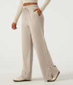 Ribbed Knit High Waisted Drawstring Baggy Casual Trousers with Pockets — Fog — view 3
