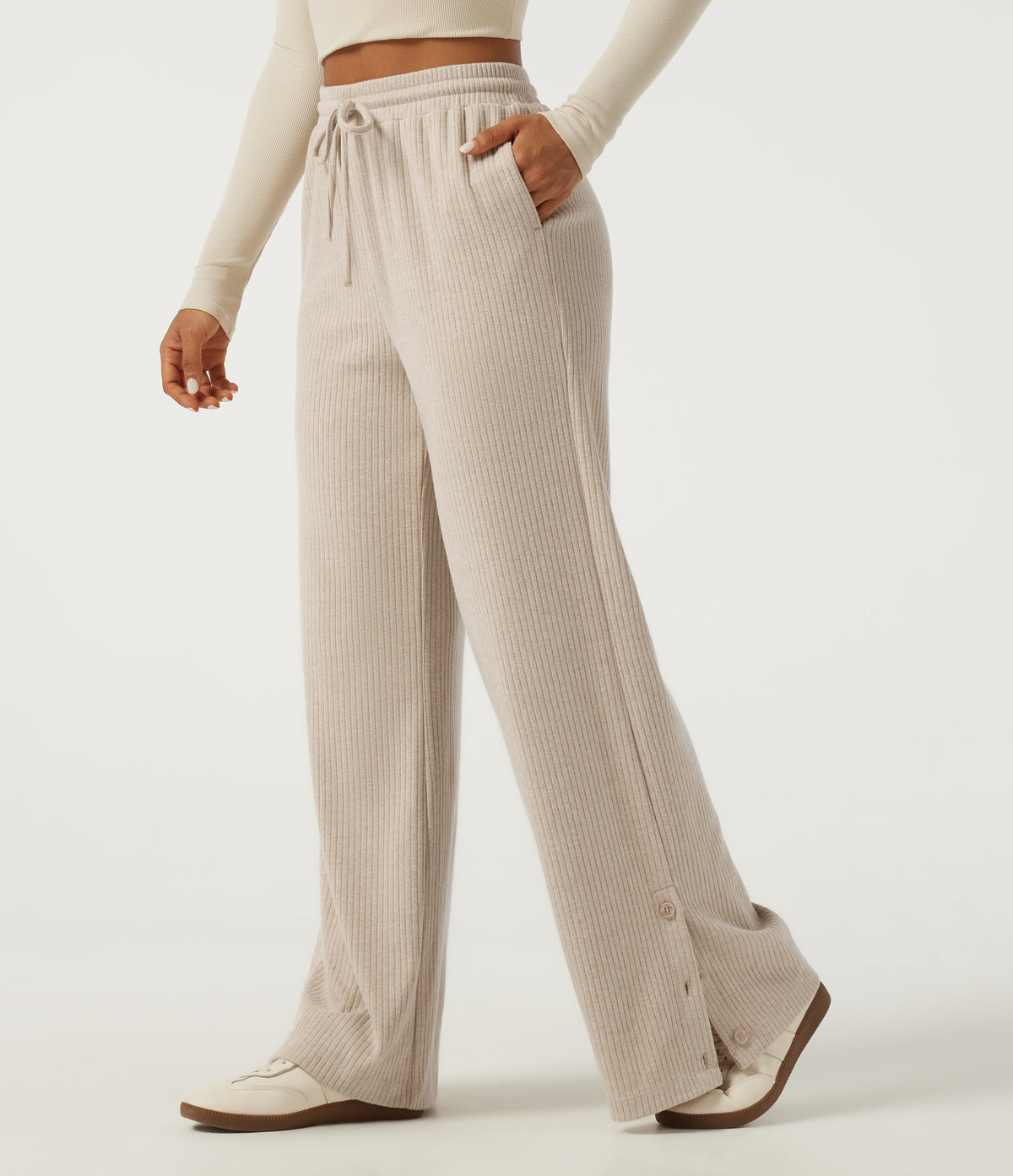 Ribbed Knit High Waisted Drawstring Baggy Casual Trousers with Pockets — Fog — view 3