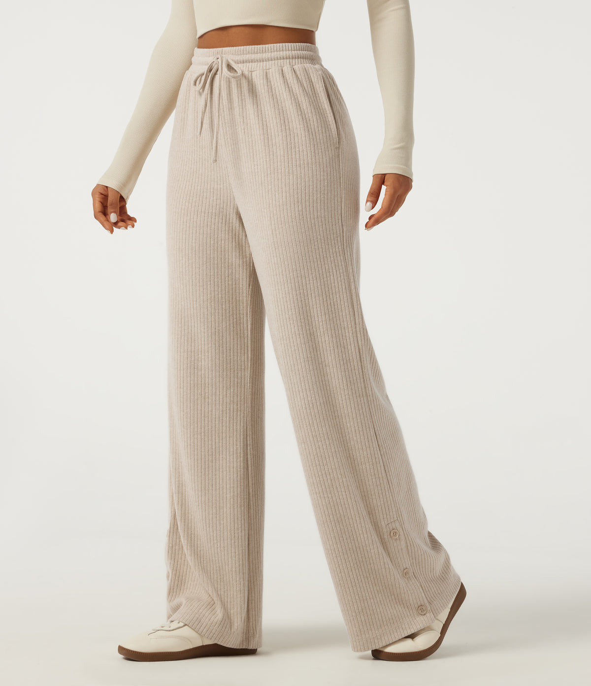 Ribbed Knit High Waisted Drawstring Baggy Casual Trousers with Pockets — Fog — view 4