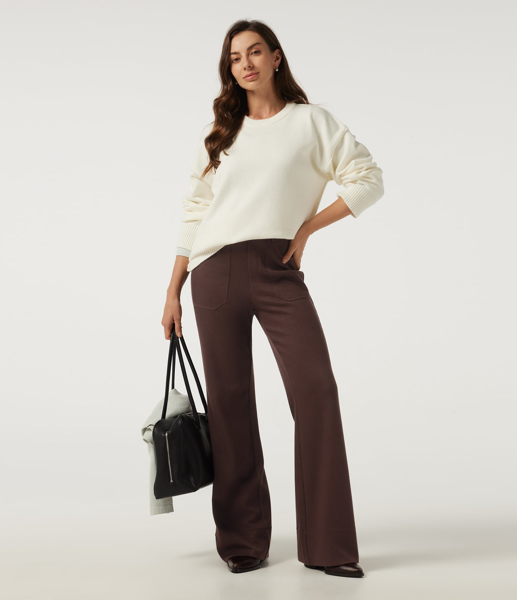 Ribbed High Waisted Casual Flare Trousers with Pockets — Bitter Chocolate — view 7