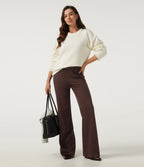 Ribbed High Waisted Casual Flare Trousers with Pockets — Bitter Chocolate — view 7