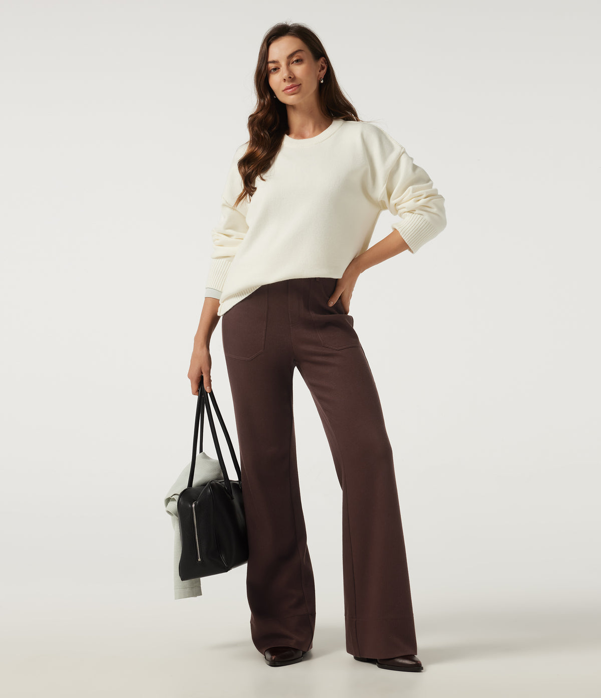 Ribbed High Waisted Casual Flare Trousers with Pockets — Bitter Chocolate — view 7