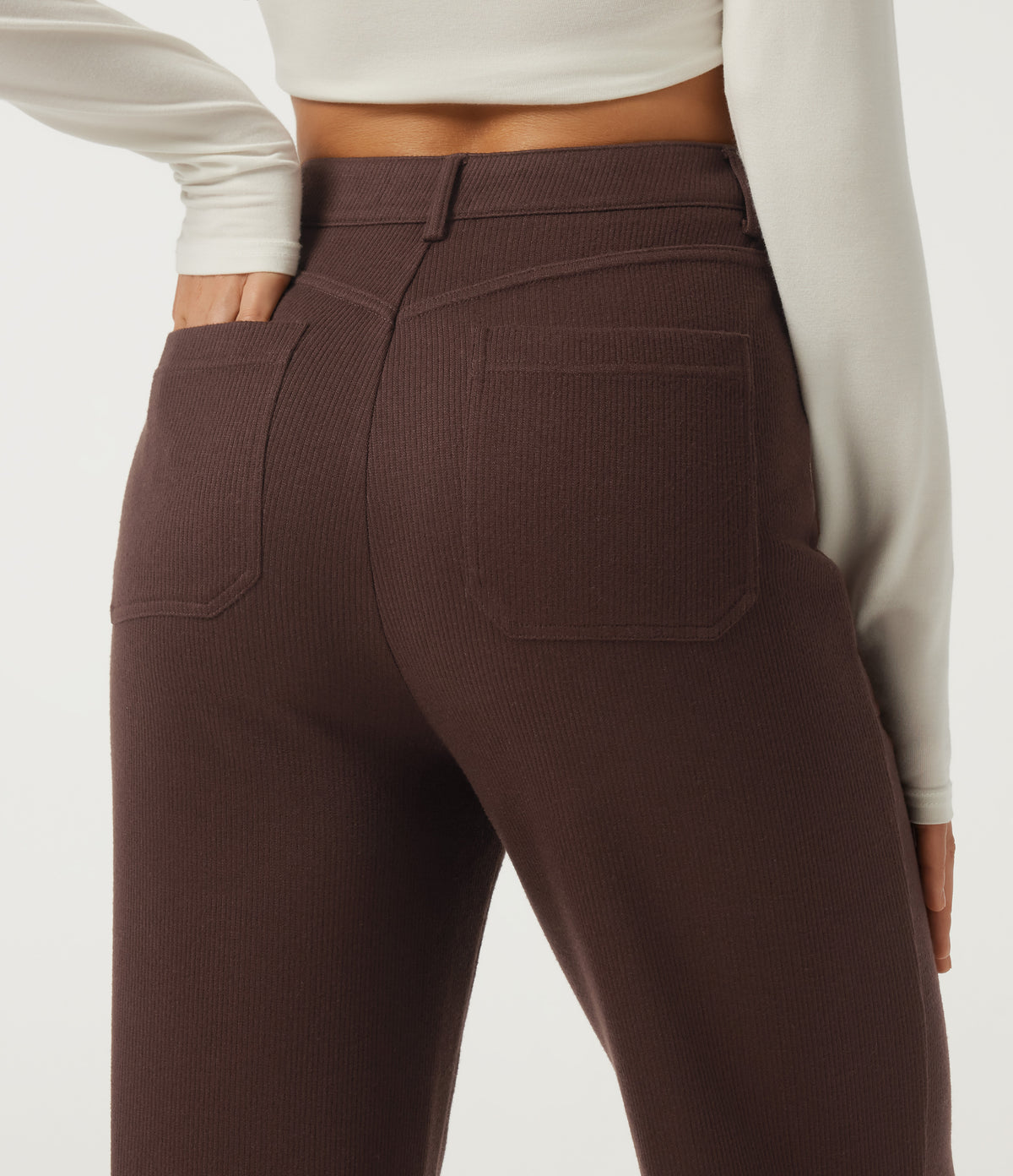 Ribbed High Waisted Casual Flare Trousers with Pockets — Bitter Chocolate — view 5