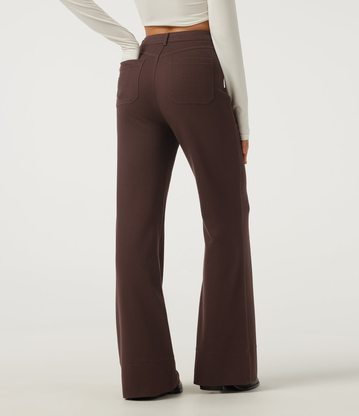 Ribbed High Waisted Casual Flare Trousers with Pockets — Bitter Chocolate — view 2