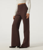 Ribbed High Waisted Casual Flare Trousers with Pockets — Bitter Chocolate — view 3