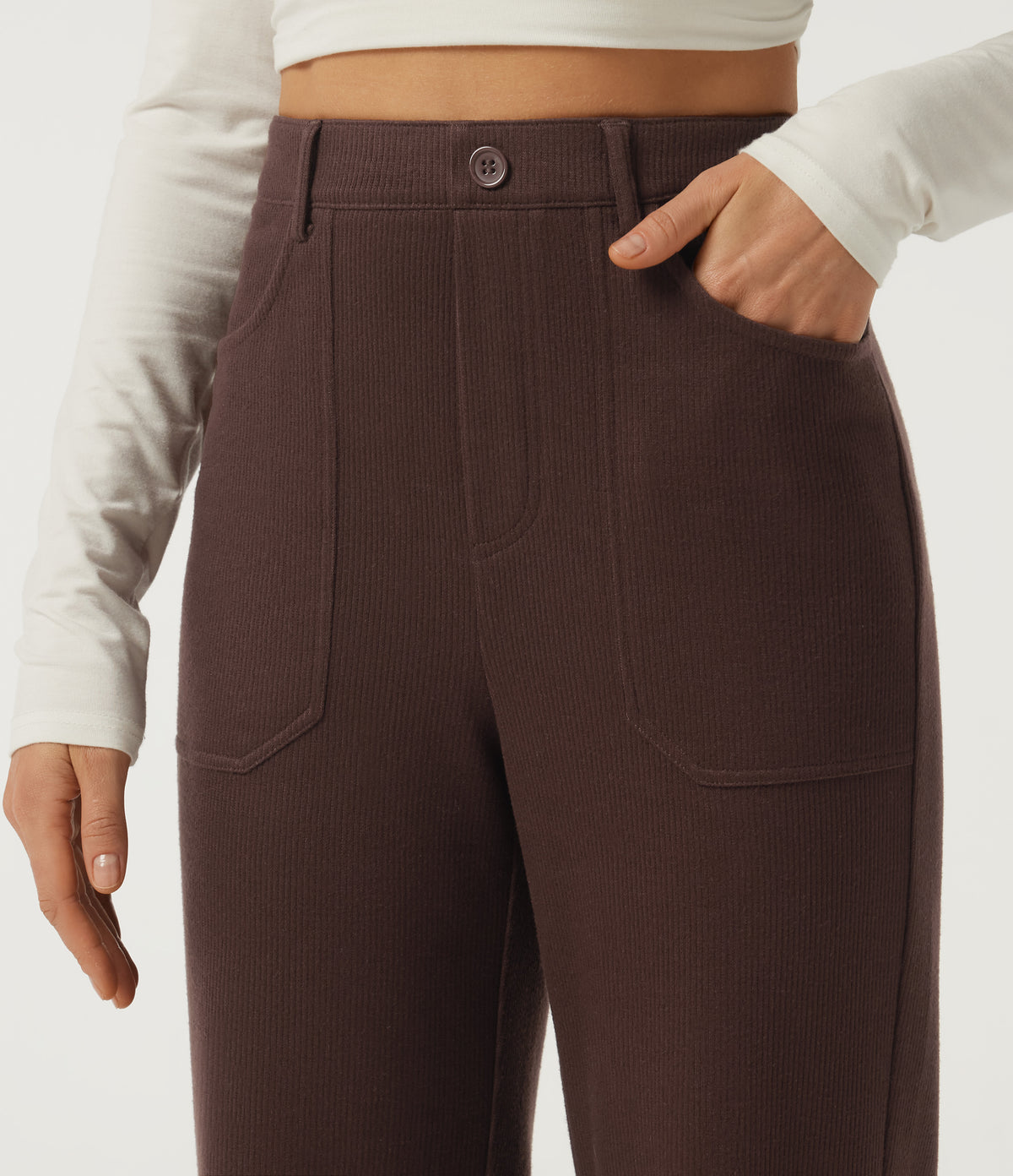Ribbed High Waisted Casual Flare Trousers with Pockets — Bitter Chocolate — view 4