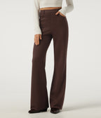 Ribbed High Waisted Casual Flare Trousers with Pockets — Bitter Chocolate — view 1