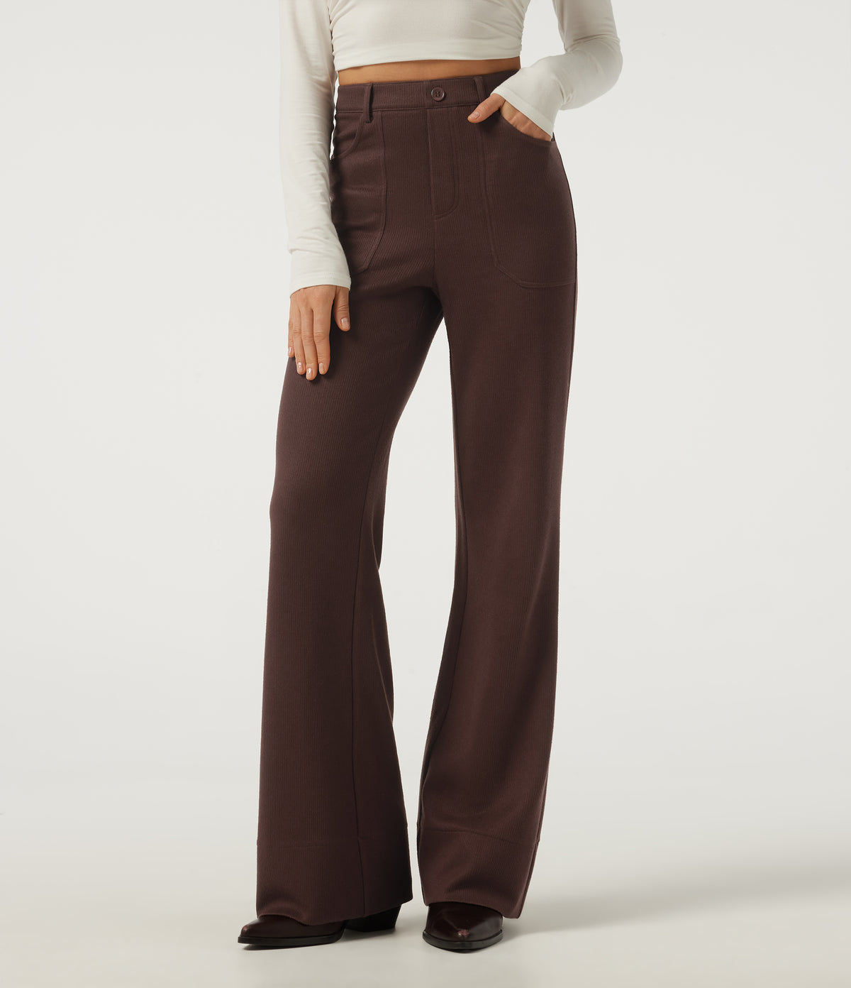 Ribbed High Waisted Casual Flare Trousers with Pockets — Bitter Chocolate — view 1
