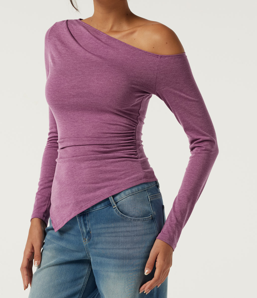 One Shoulder Long Sleeve Ruched Asymmetric Hem Casual Top — Red Violet Floral Yarn — view 5