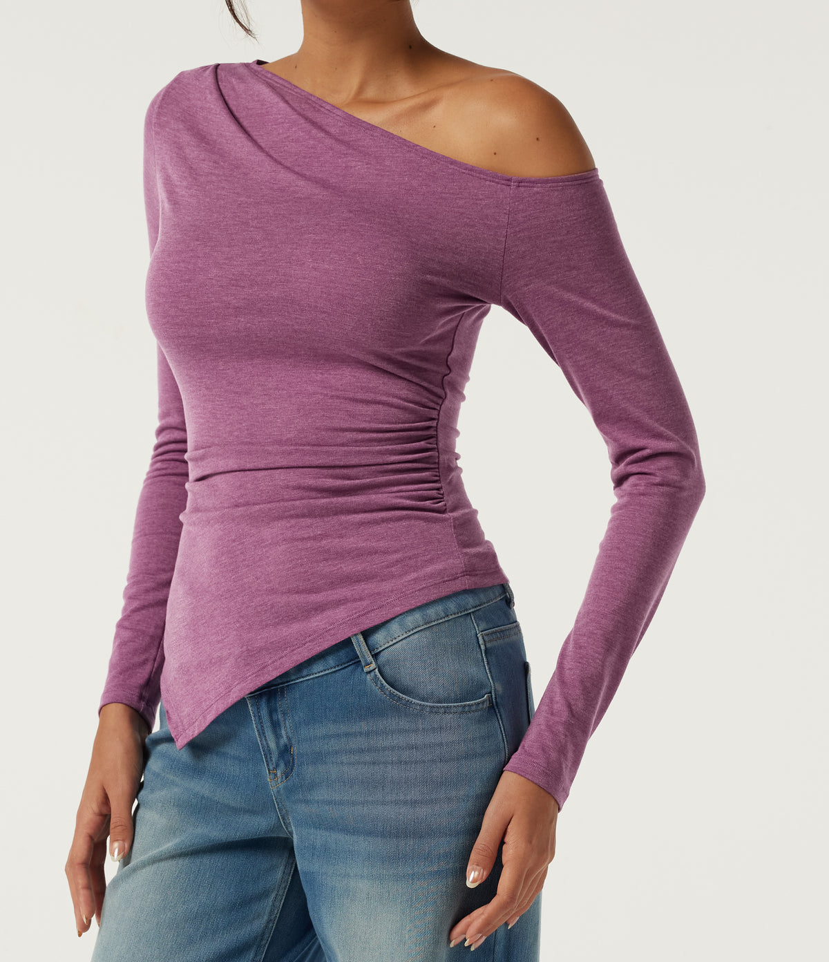One Shoulder Long Sleeve Ruched Asymmetric Hem Casual Top — Red Violet Floral Yarn — view 5