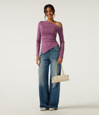 One Shoulder Long Sleeve Ruched Asymmetric Hem Casual Top — Red Violet Floral Yarn — view 7