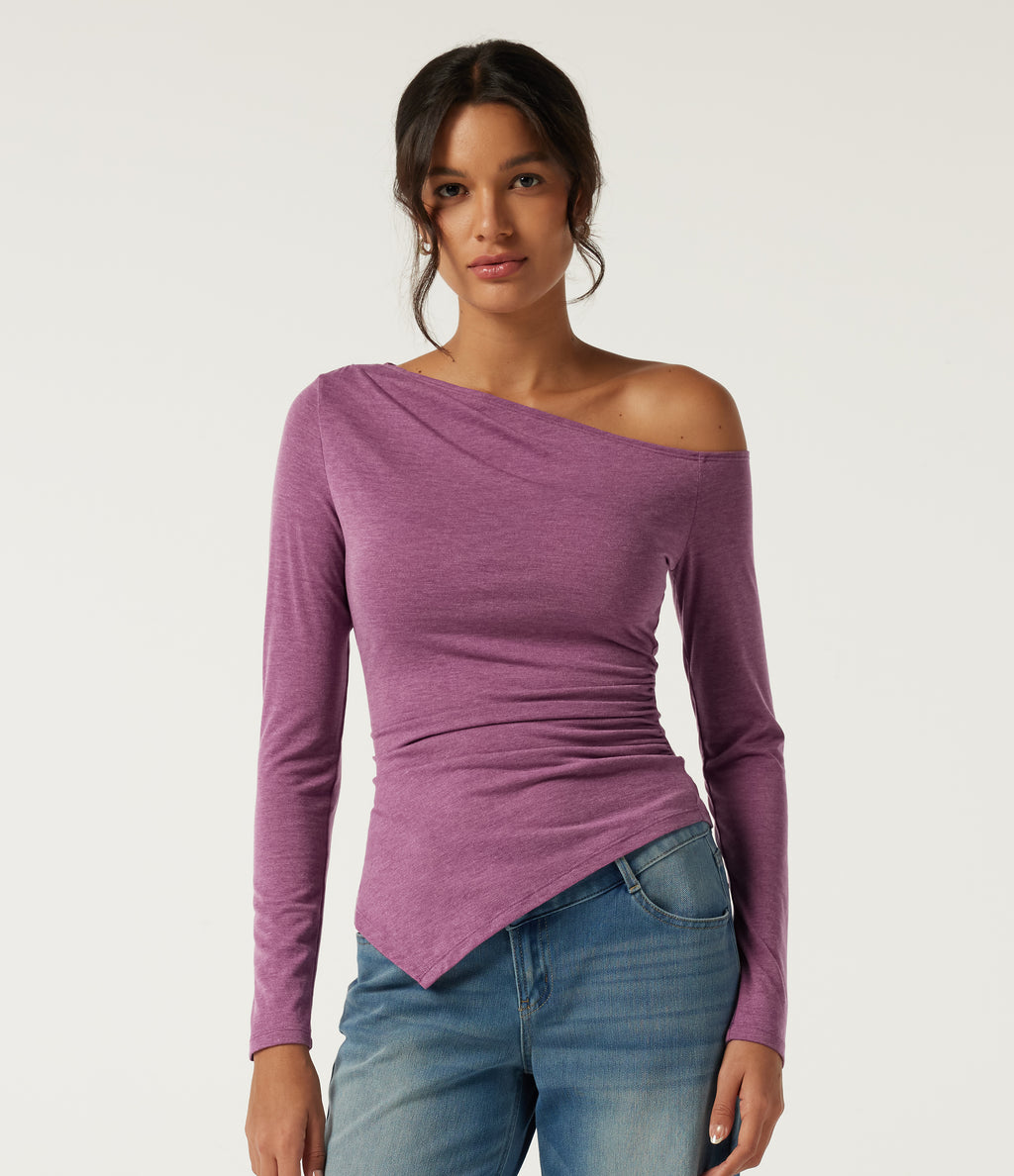 One Shoulder Long Sleeve Ruched Asymmetric Hem Casual Top — Red Violet Floral Yarn — view 4