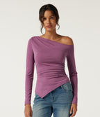One Shoulder Long Sleeve Ruched Asymmetric Hem Casual Top — Red Violet Floral Yarn — view 4