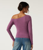 One Shoulder Long Sleeve Ruched Asymmetric Hem Casual Top — Red Violet Floral Yarn — view 2