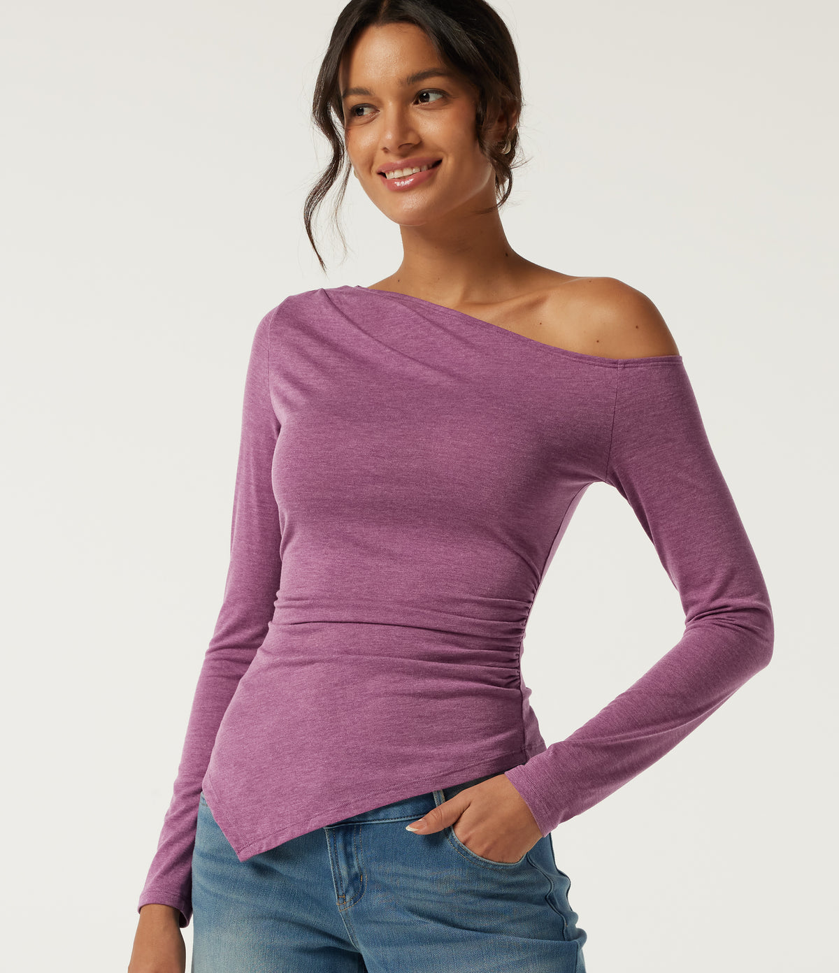 One Shoulder Long Sleeve Ruched Asymmetric Hem Casual Top — Red Violet Floral Yarn — view 1