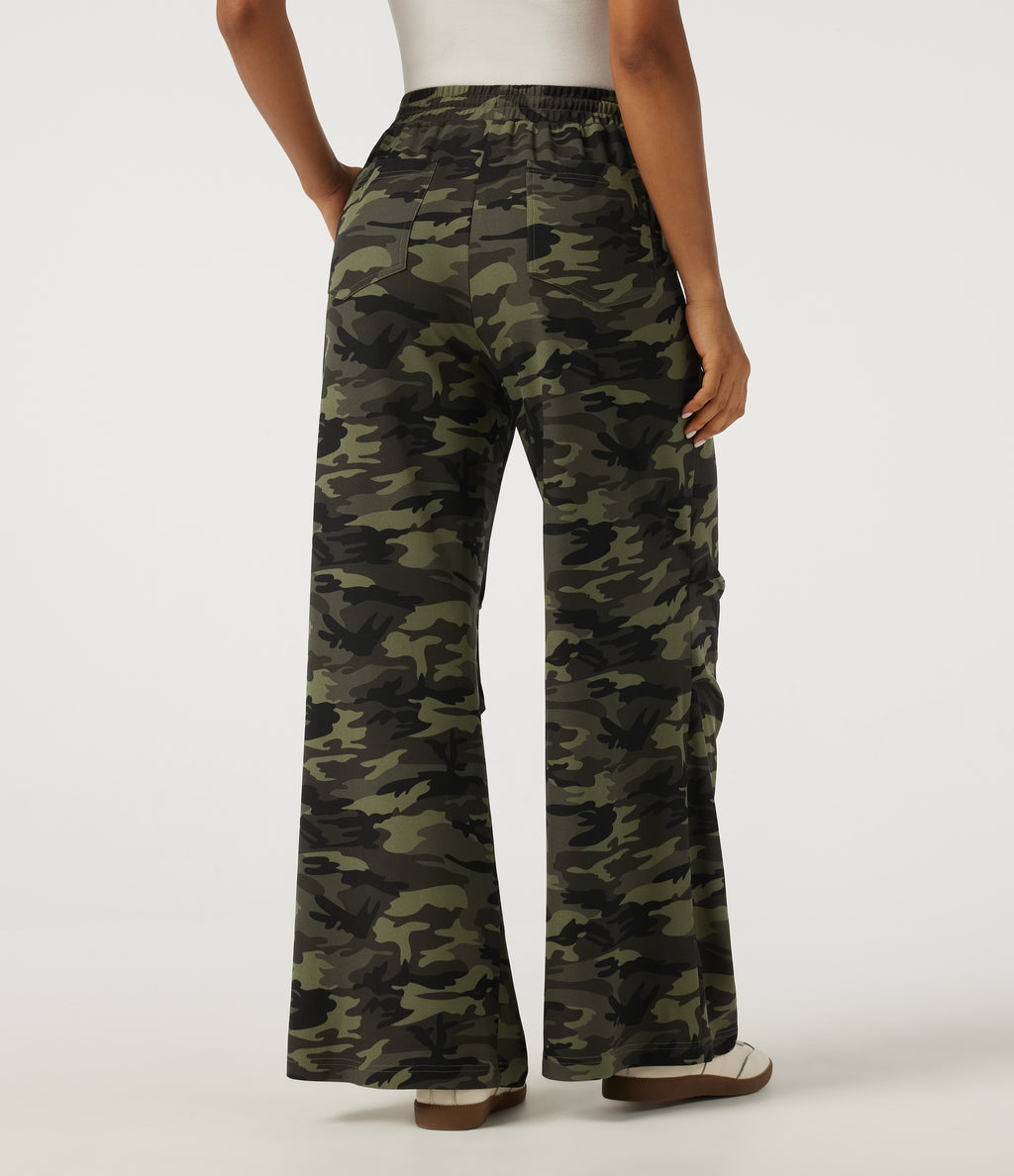 Mid Rise Baggy Drawstring Camo Waffle Casual Trousers with Pockets — Woodland Edge Camo — view 2