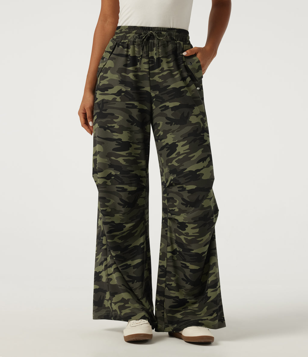 Mid Rise Baggy Drawstring Camo Waffle Casual Trousers with Pockets — Woodland Edge Camo — view 1