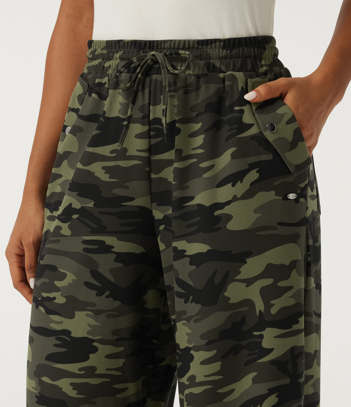 Mid Rise Baggy Drawstring Camo Waffle Casual Trousers with Pockets — Woodland Edge Camo — view 5