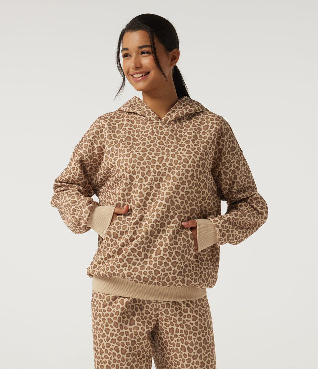 Hooded Long Sleeve Leopard Print Casual Sweatshirt with Pocket — Smoky Mocha Leopard — view 1