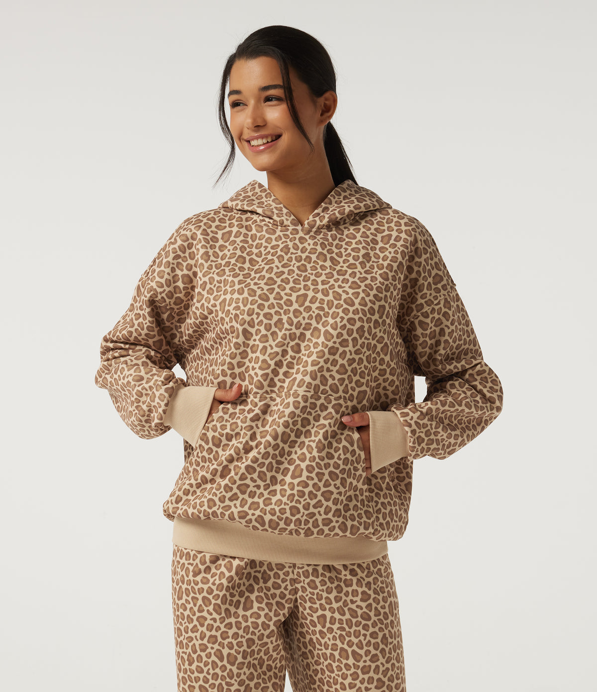 Hooded Long Sleeve Leopard Print Casual Sweatshirt with Pocket — Smoky Mocha Leopard — view 1