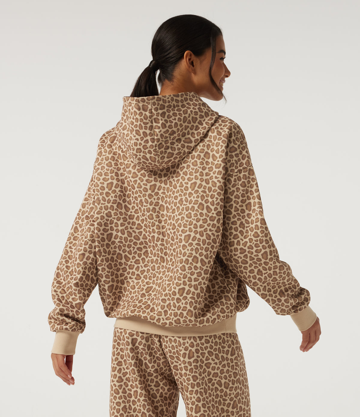 Hooded Long Sleeve Leopard Print Casual Sweatshirt with Pocket — Smoky Mocha Leopard — view 2