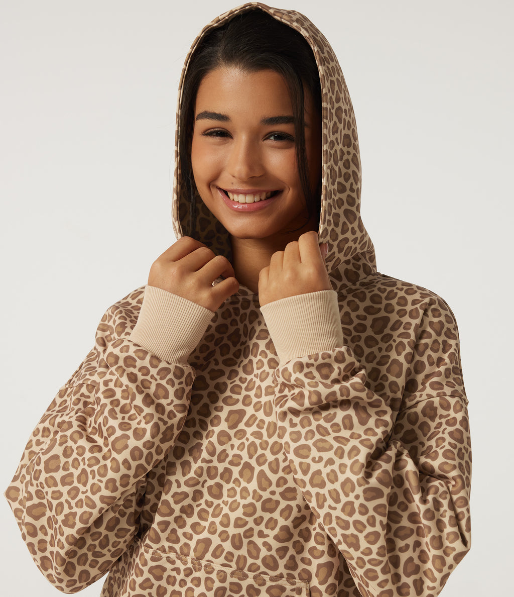 Hooded Long Sleeve Leopard Print Casual Sweatshirt with Pocket — Smoky Mocha Leopard — view 5