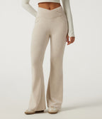 High Waisted Crossover Flare Corduroy Casual Trousers with Pockets — Creamsicle — view 1