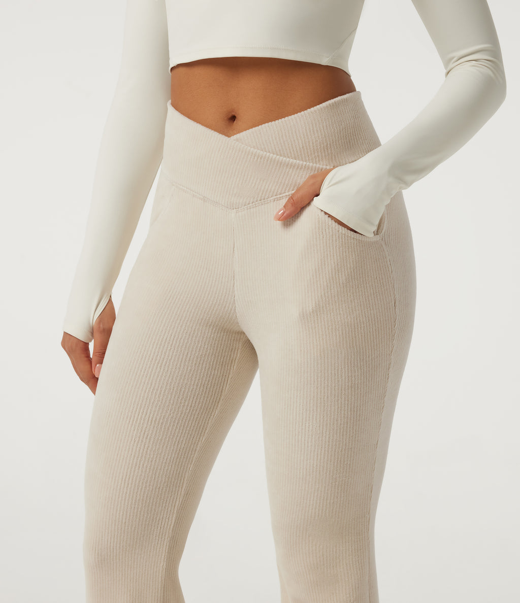 High Waisted Crossover Flare Corduroy Casual Trousers with Pockets — Creamsicle — view 5