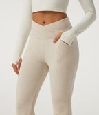 High Waisted Crossover Flare Corduroy Casual Trousers with Pockets — Creamsicle — view 5