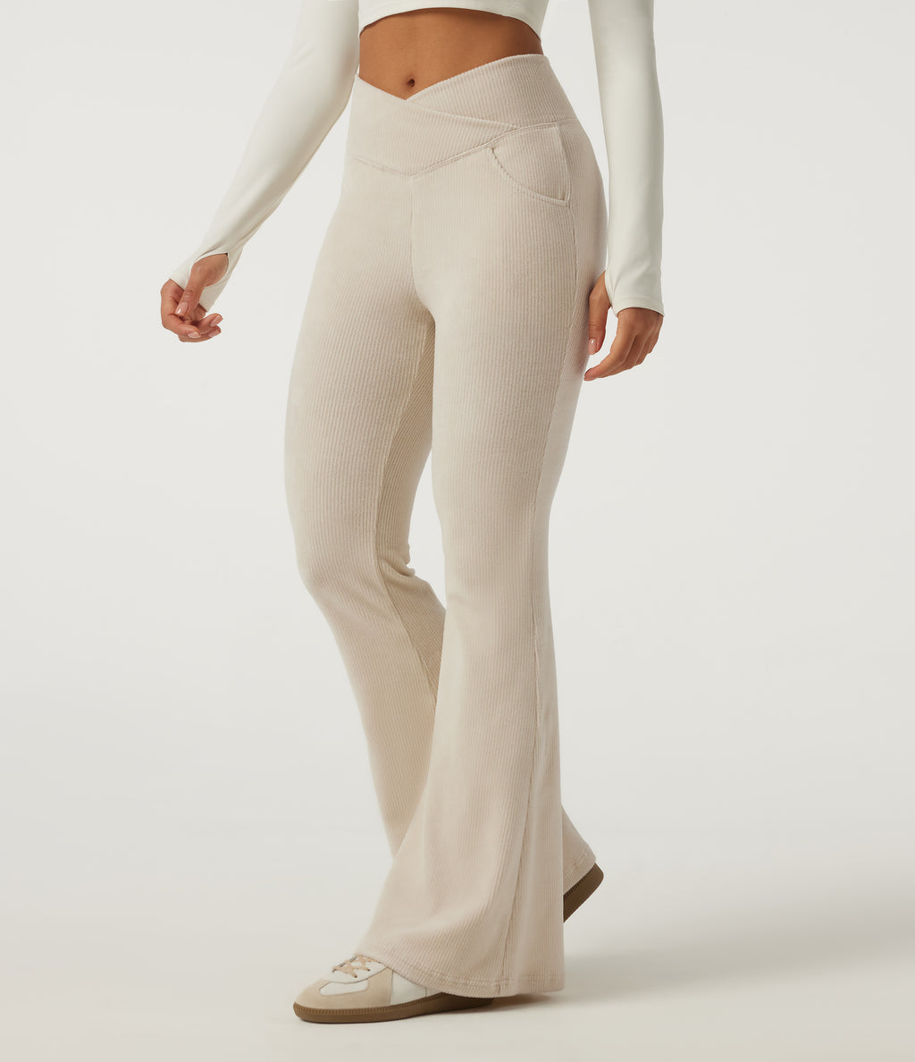 High Waisted Crossover Flare Corduroy Casual Trousers with Pockets — Creamsicle — view 3