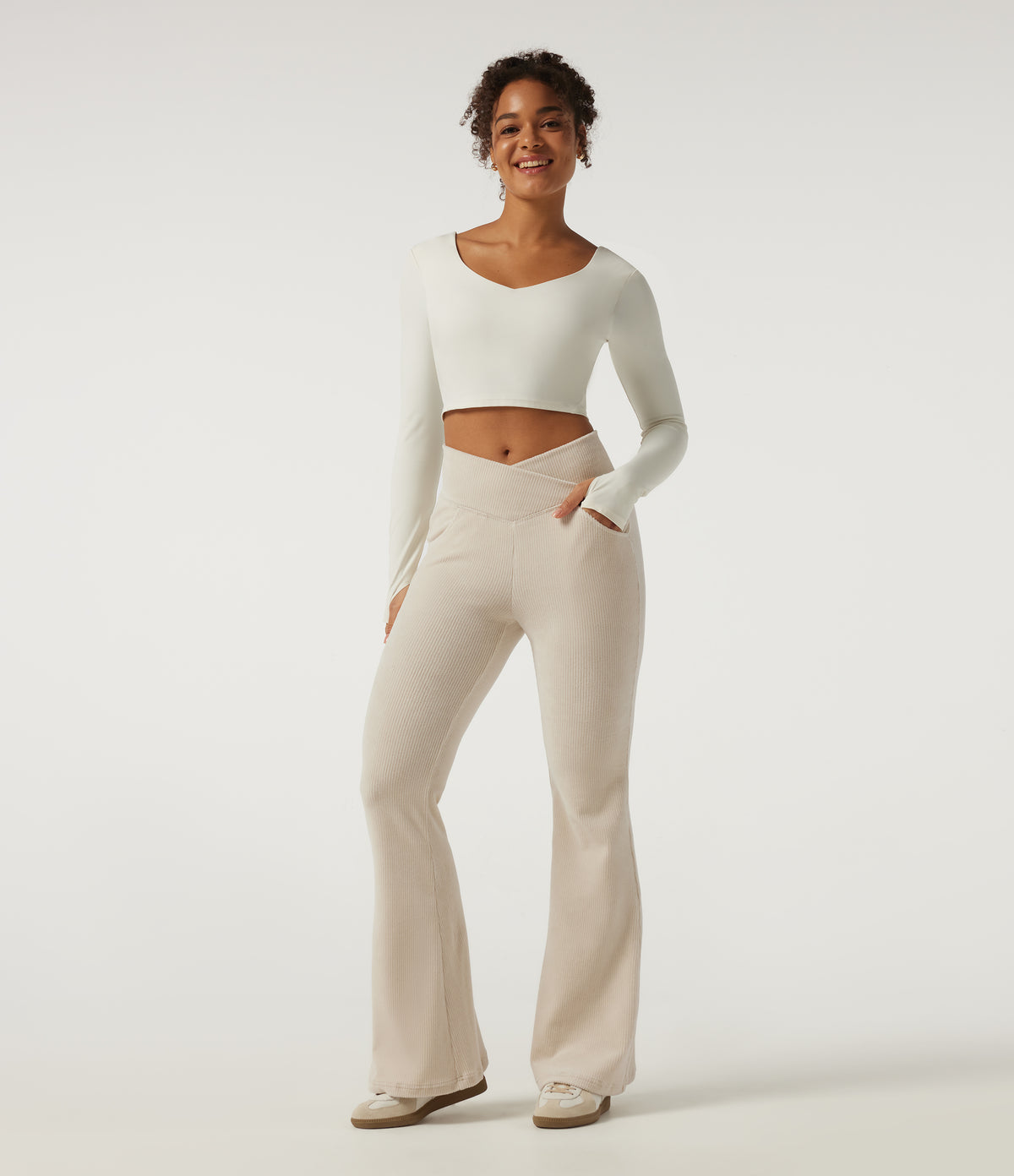 High Waisted Crossover Flare Corduroy Casual Trousers with Pockets — Creamsicle — view 6