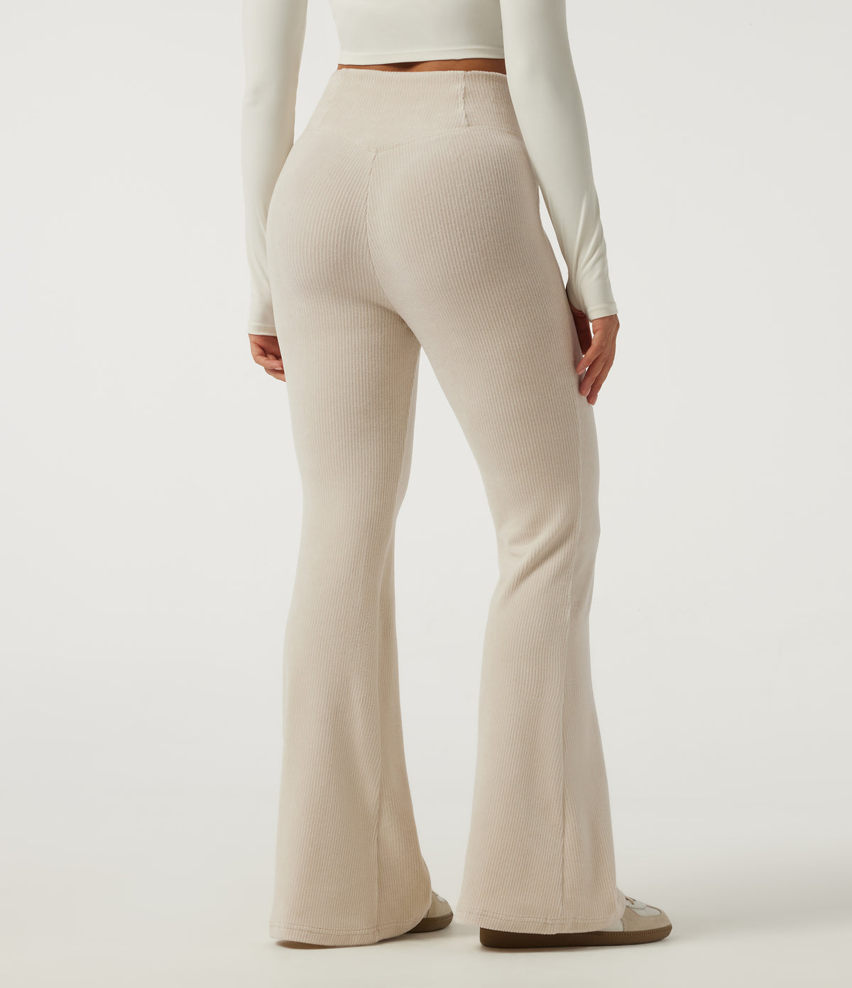 High Waisted Crossover Flare Corduroy Casual Trousers with Pockets — Creamsicle — view 2