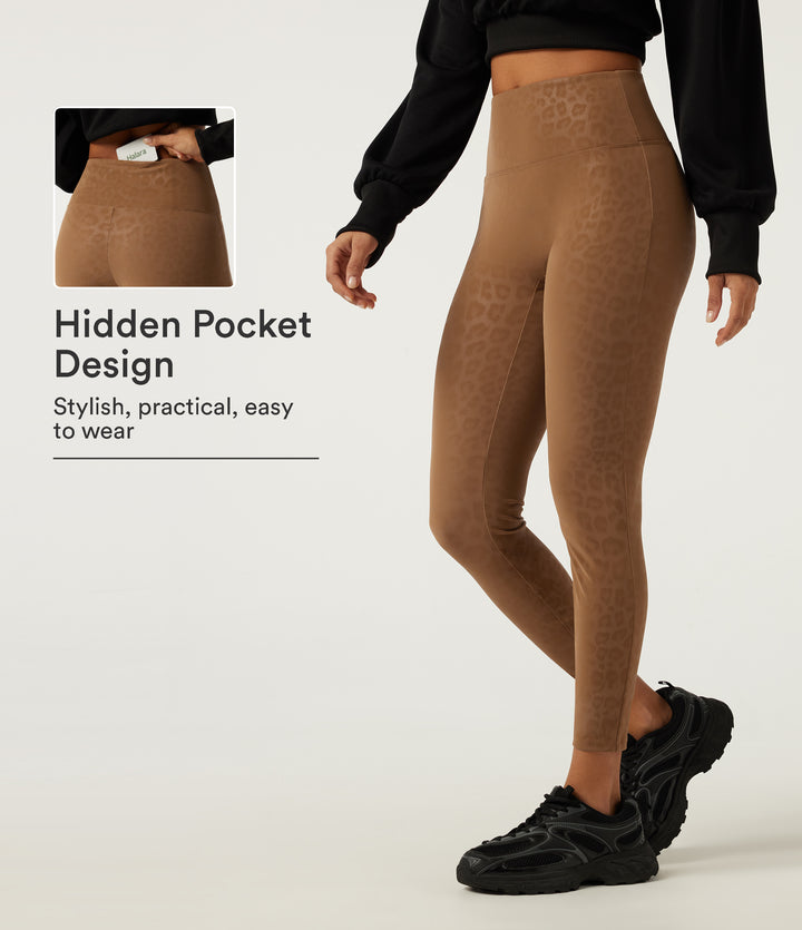 Mid Rise Stretchy PU Leopard Print Fleece Skinny Casual Leggings with Pocket — Bronzed Tan — view 1