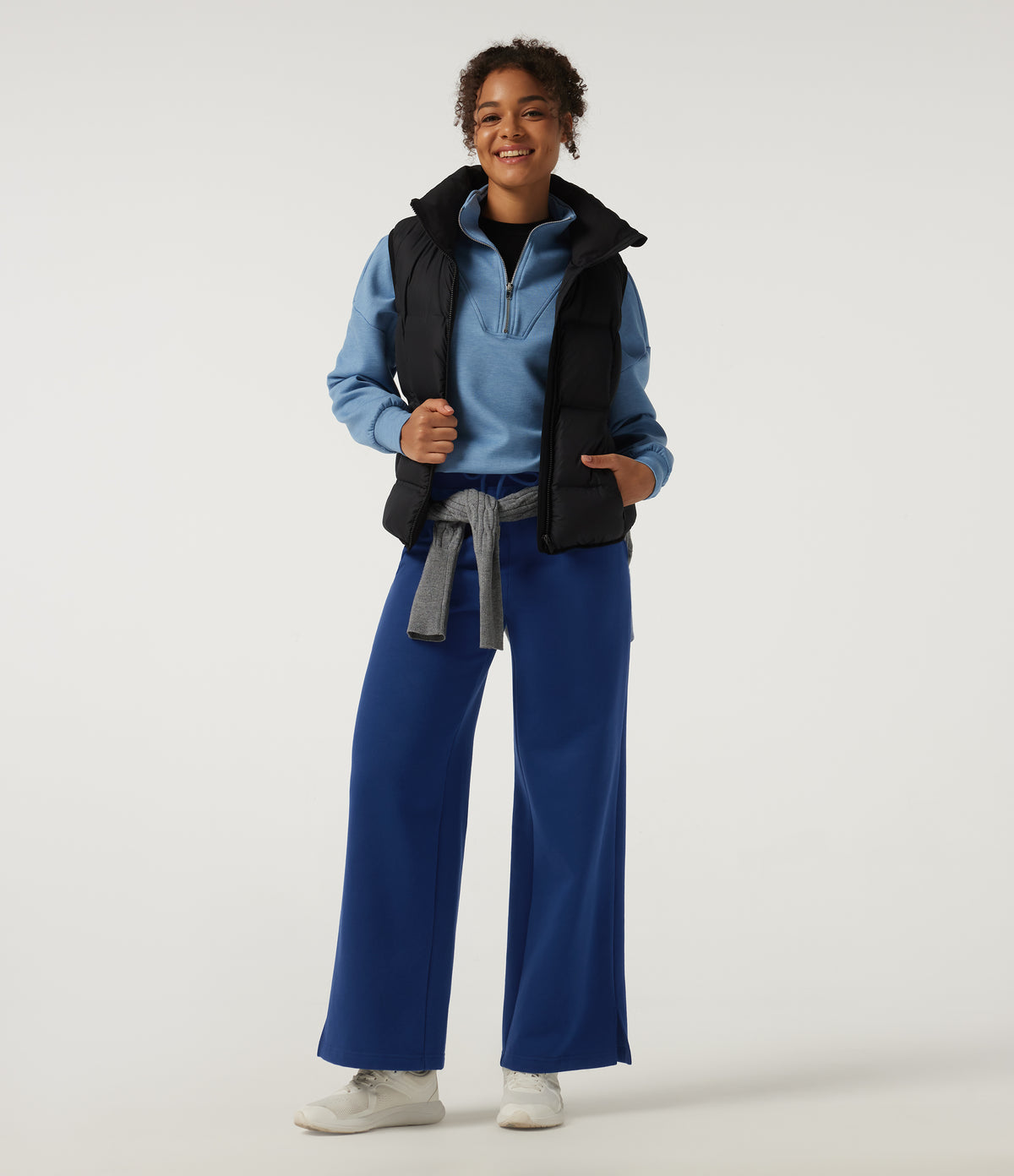 High Waisted Drawstring Wide Leg Cotton Casual Sweatpants with Pockets — Blueprint — view 7