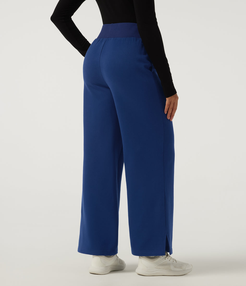 High Waisted Drawstring Wide Leg Cotton Casual Sweatpants with Pockets — Blueprint — view 2