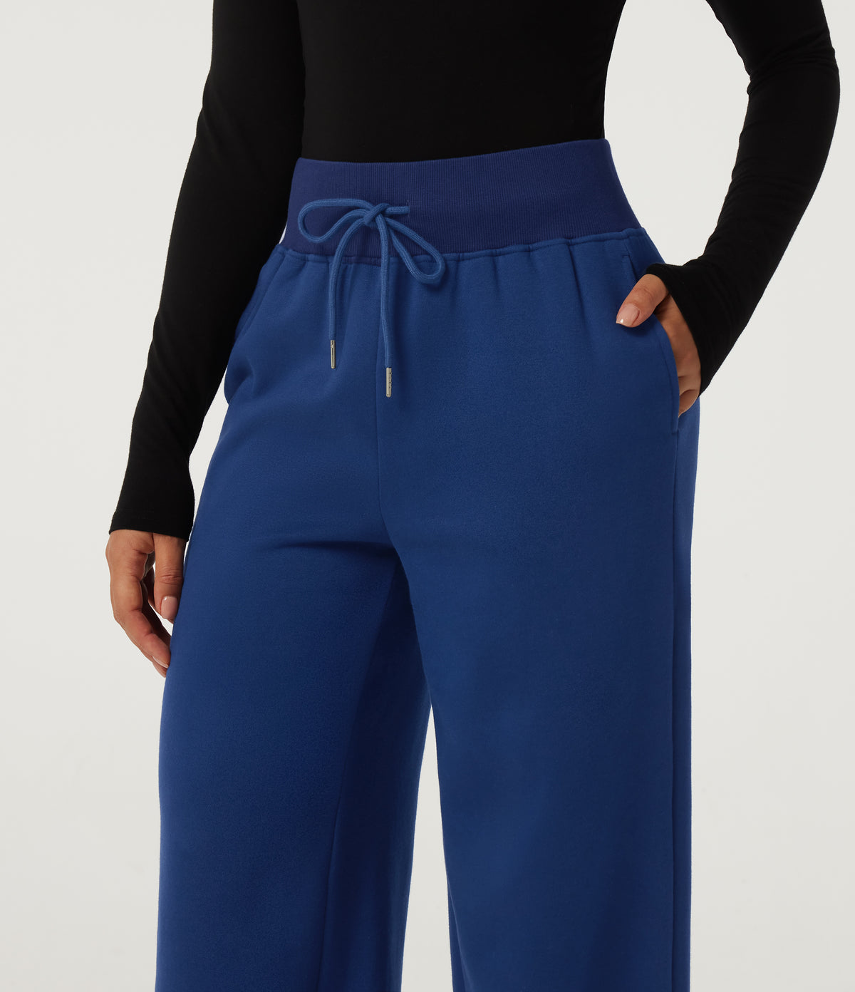High Waisted Drawstring Wide Leg Cotton Casual Sweatpants with Pockets — Blueprint — view 5