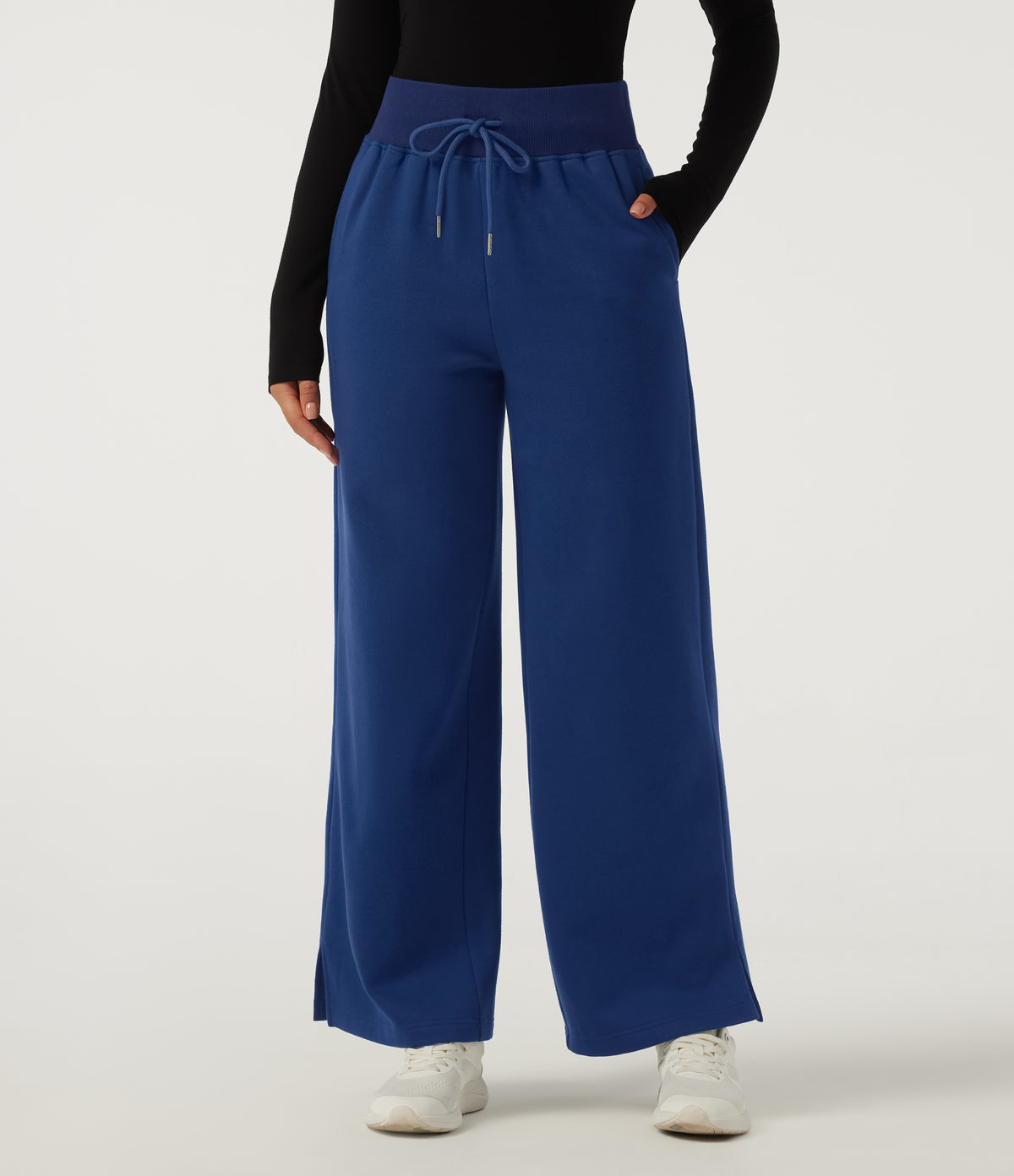 High Waisted Drawstring Wide Leg Cotton Casual Sweatpants with Pockets — Blueprint — view 1