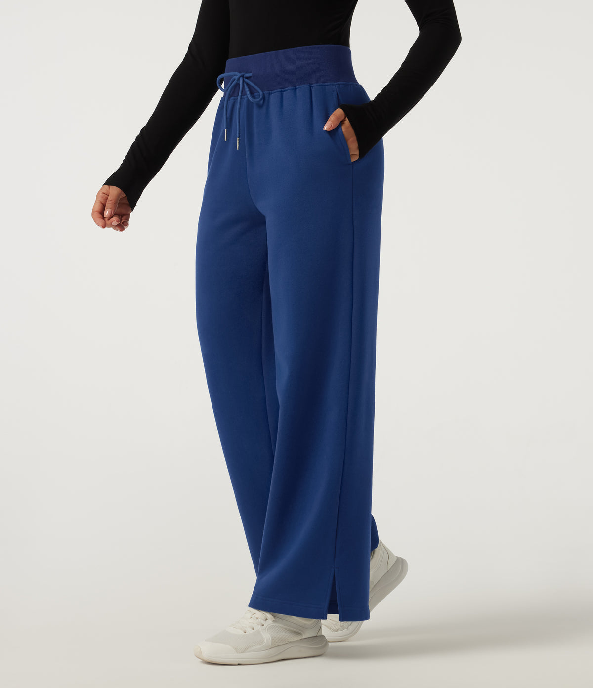 High Waisted Drawstring Wide Leg Cotton Casual Sweatpants with Pockets — Blueprint — view 3