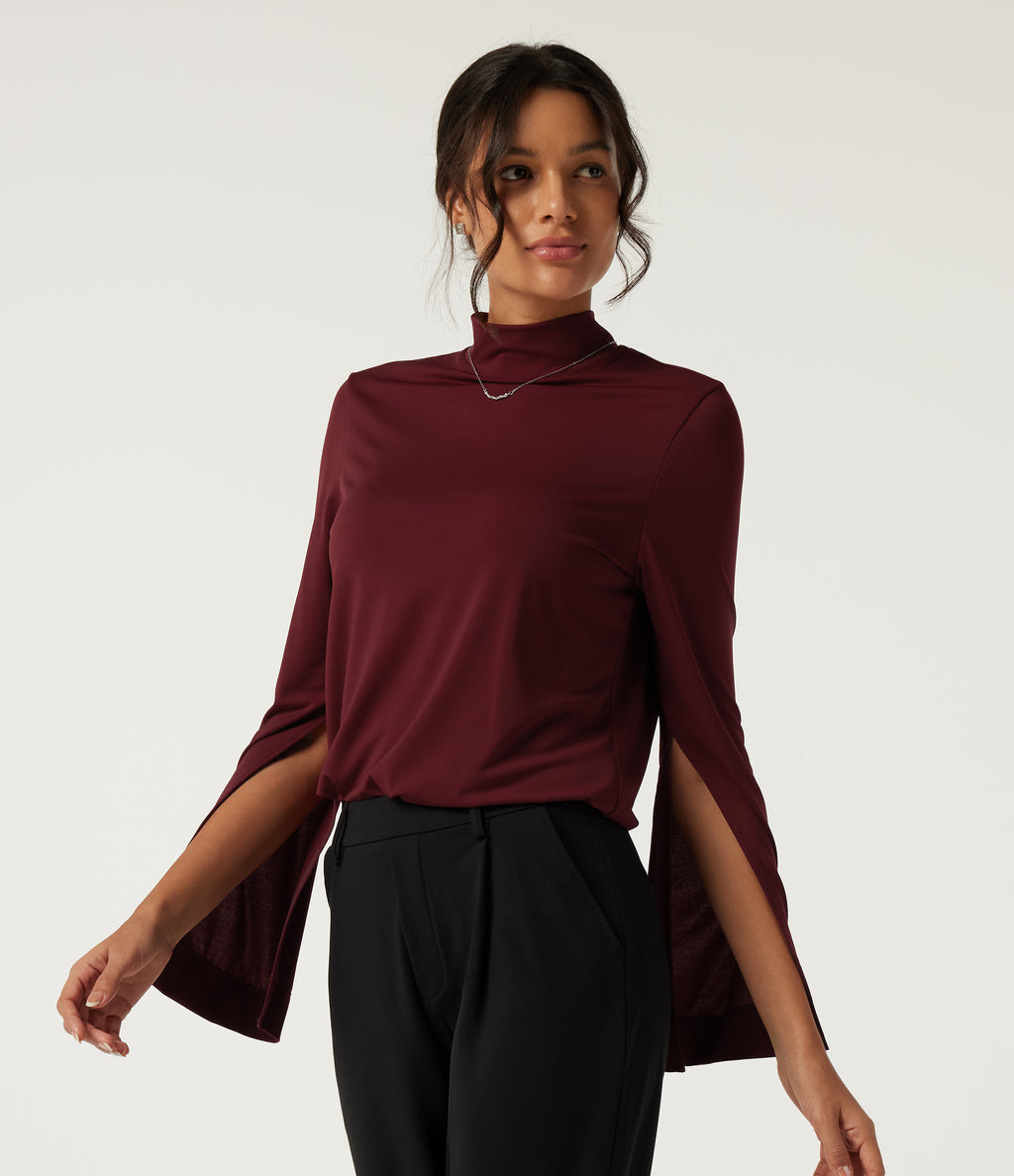 Mock Neck Long Sleeve Work Top — Cherry Soda — view 3