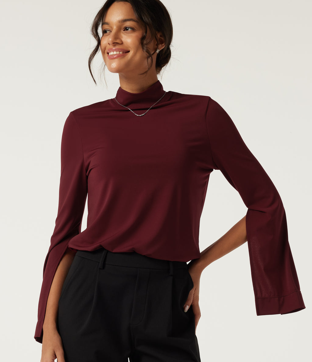 Mock Neck Long Sleeve Work Top — Cherry Soda — view 1