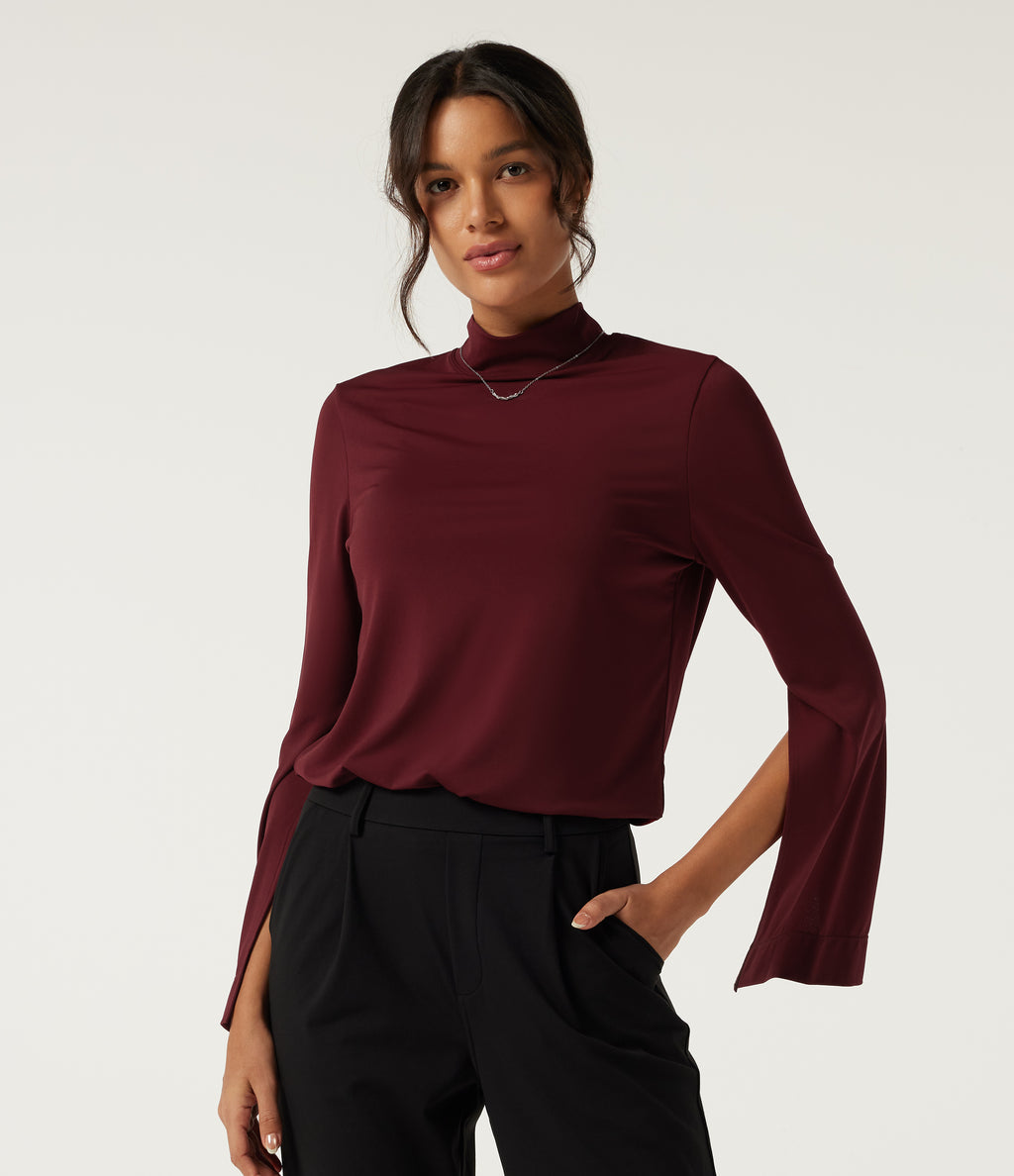Mock Neck Long Sleeve Work Top — Cherry Soda — view 4