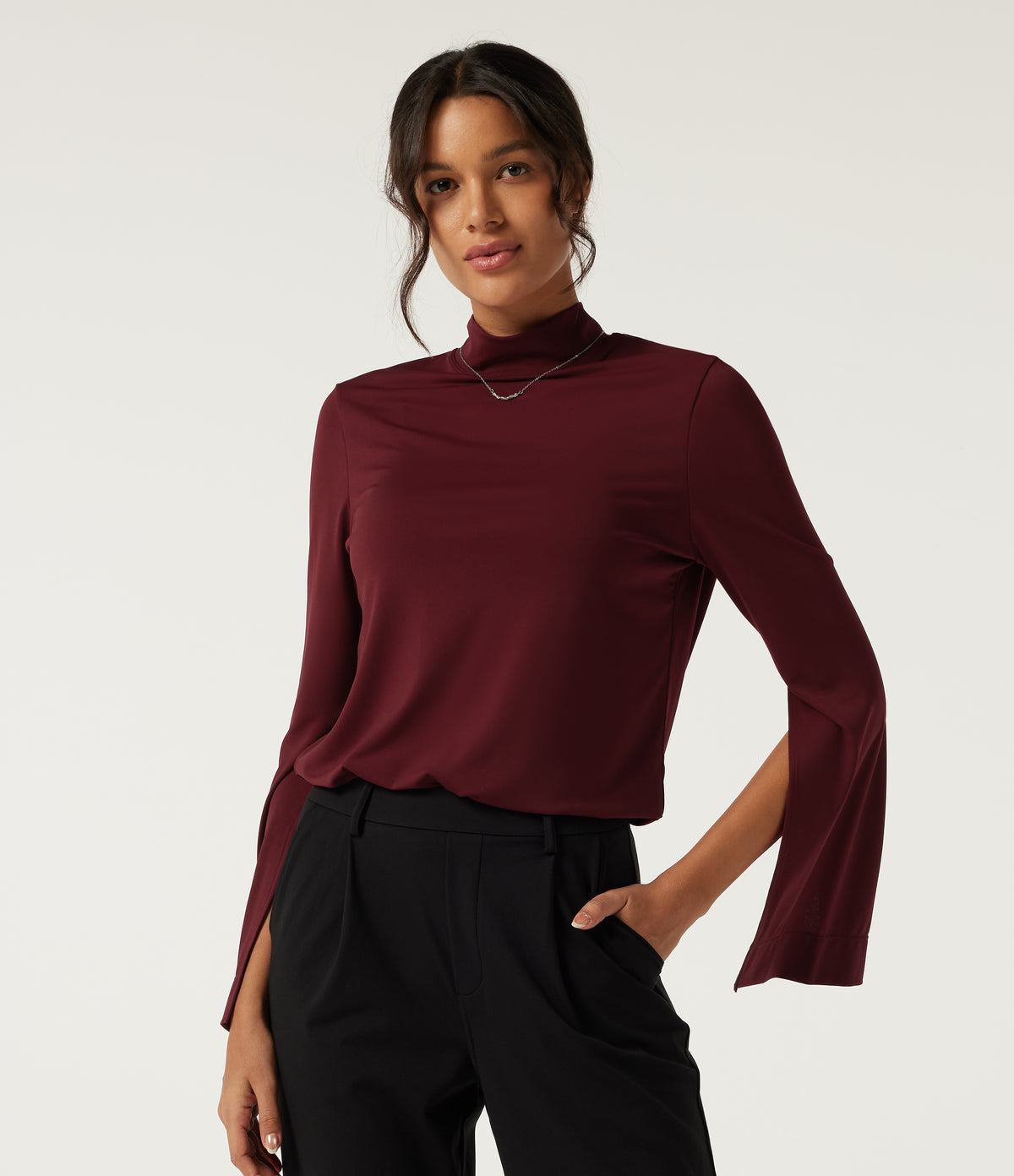 Mock Neck Long Sleeve Work Top — Cherry Soda — view 4