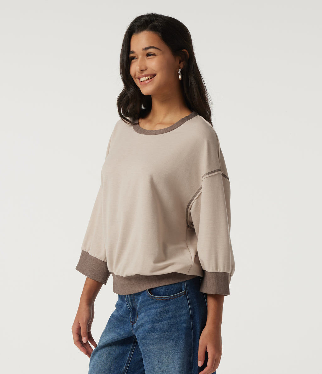 Round Neck 7/8 Sleeve Color Block Casual Sweatshirt — Light Beige — view 3