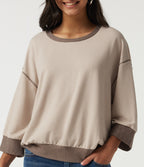 Round Neck 7/8 Sleeve Color Block Casual Sweatshirt — Light Beige — view 5