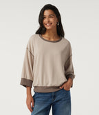 Round Neck 7/8 Sleeve Color Block Casual Sweatshirt — Light Beige — view 4