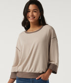 Round Neck 7/8 Sleeve Color Block Casual Sweatshirt — Light Beige — view 1