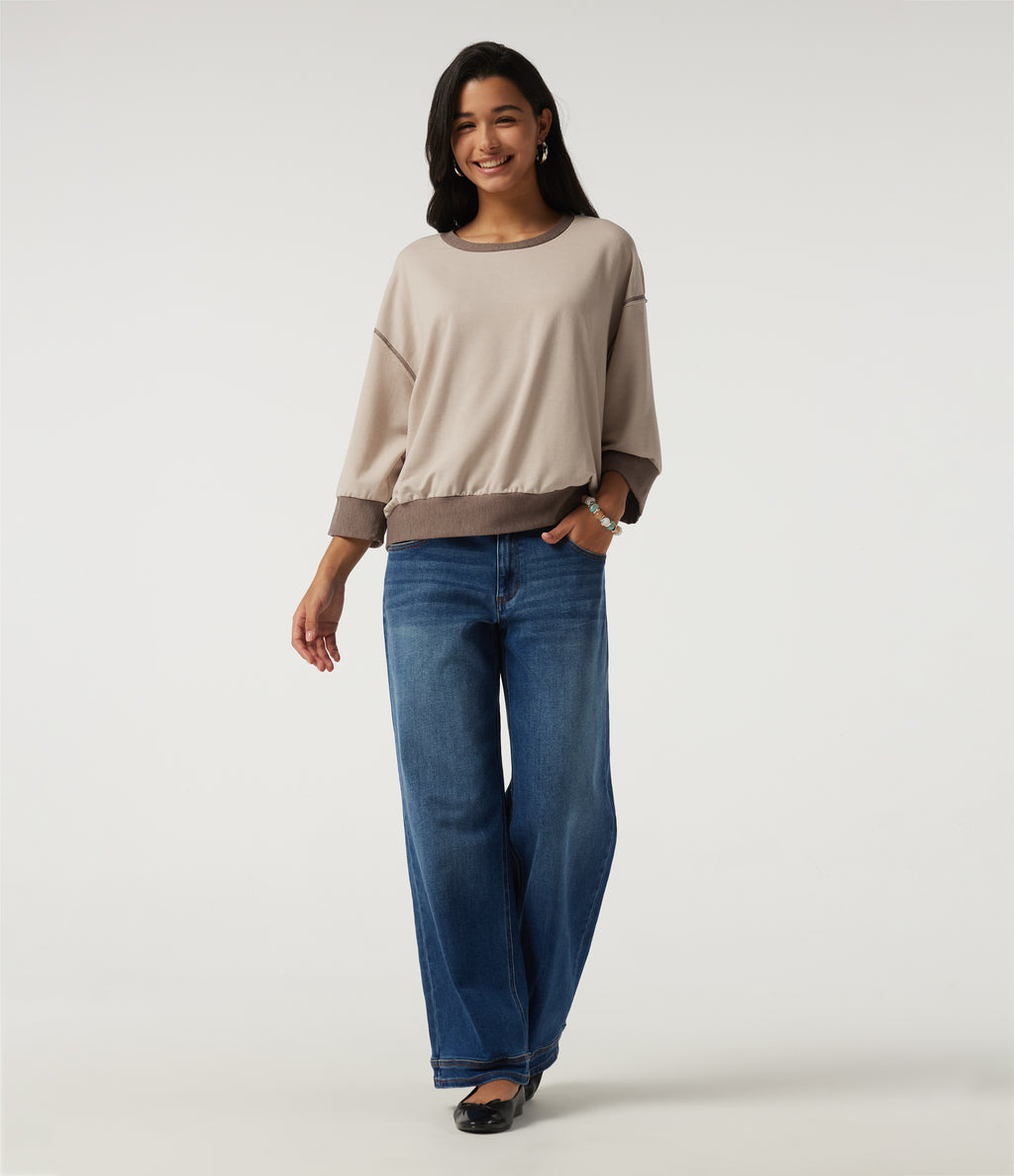 Round Neck 7/8 Sleeve Color Block Casual Sweatshirt — Light Beige — view 8