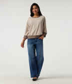 Round Neck 7/8 Sleeve Color Block Casual Sweatshirt — Light Beige — view 8
